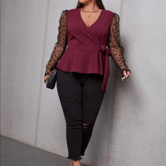 Boho plus size burgundy v neck tie side mesh sieved peplum blouse - Picture 8 of 10